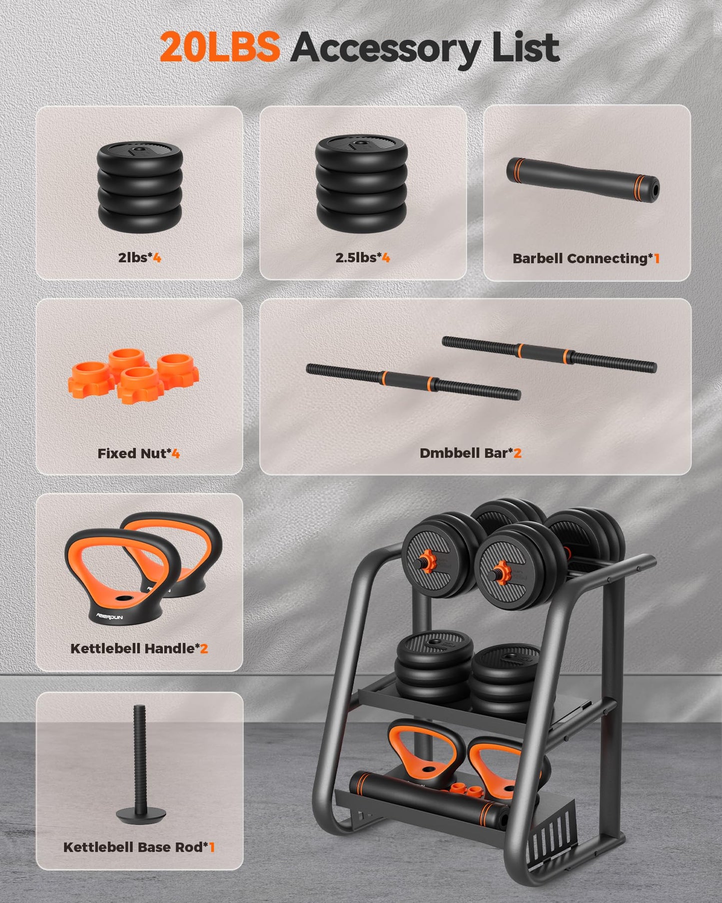 FEIERDUN Adjustable Dumbbells, 20lbs Free Weight Set with Connector, 4 in1 Dumbbells Set Used as Barbell, Kettlebells, Push up Stand, Fitness Exercises for Home Gym Suitable Men/Women
