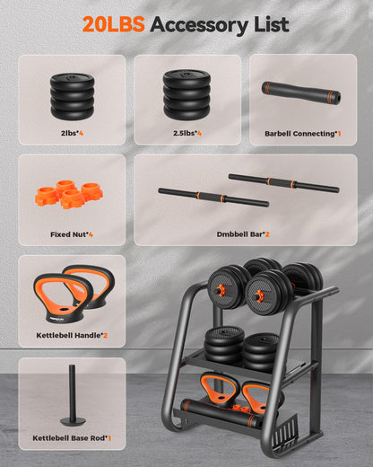 FEIERDUN Adjustable Dumbbells, 20lbs Free Weight Set with Connector, 4 in1 Dumbbells Set Used as Barbell, Kettlebells, Push up Stand, Fitness Exercises for Home Gym Suitable Men/Women