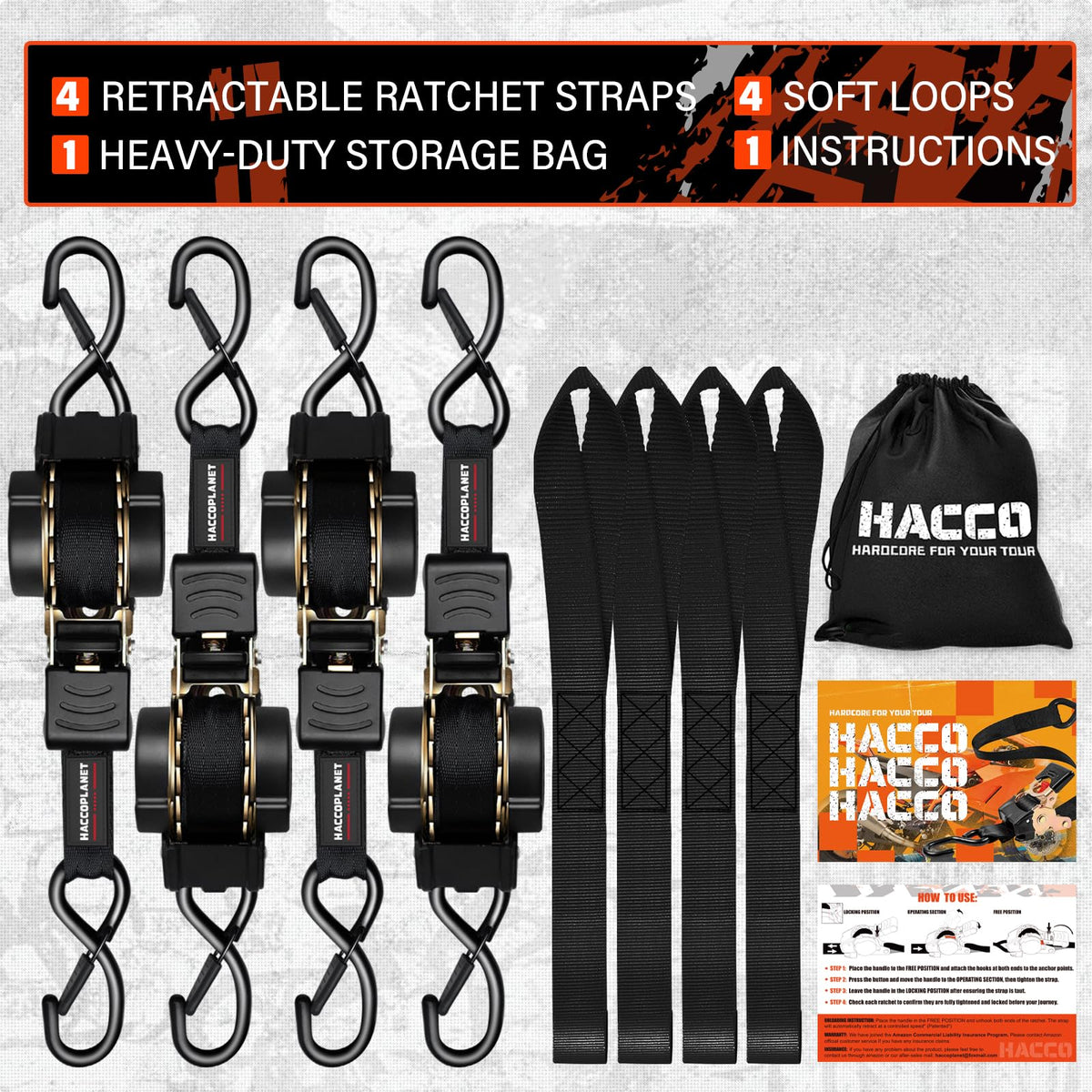 Haccoplanet Retractable Ratchet Straps 1763lb Break Strength, Heavy Duty 1” Auto Retract Tie Down Ratchet Straps Upgraded Controlled Retraction Ratchet Strap for Trailer, Motorcycle, ATV (10FT-4PK)