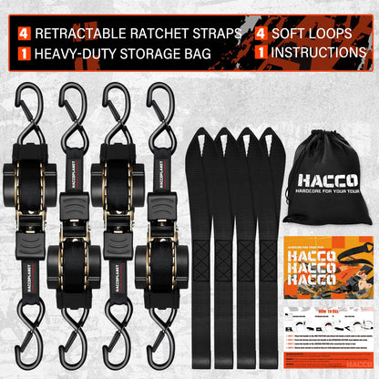 Haccoplanet Retractable Ratchet Straps 1763lb Break Strength, Heavy Duty 1” Auto Retract Tie Down Ratchet Straps Upgraded Controlled Retraction Ratchet Strap for Trailer, Motorcycle, ATV (10FT-4PK)