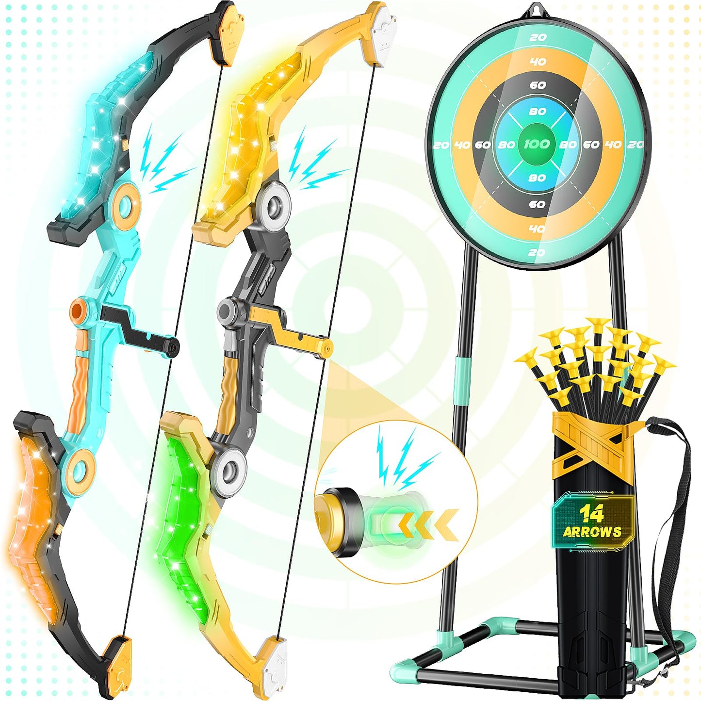 2 Pack Kids Bow and Arrow Set with Sound Effects & LED Flash Lights Achery Set, Indoor Outdoor Toys for Ages 4-8 8-12, Birthday Gifts for 3 4 5 6 7 8 9 10 11 12 Year Old Boys Girls Children, Yellow