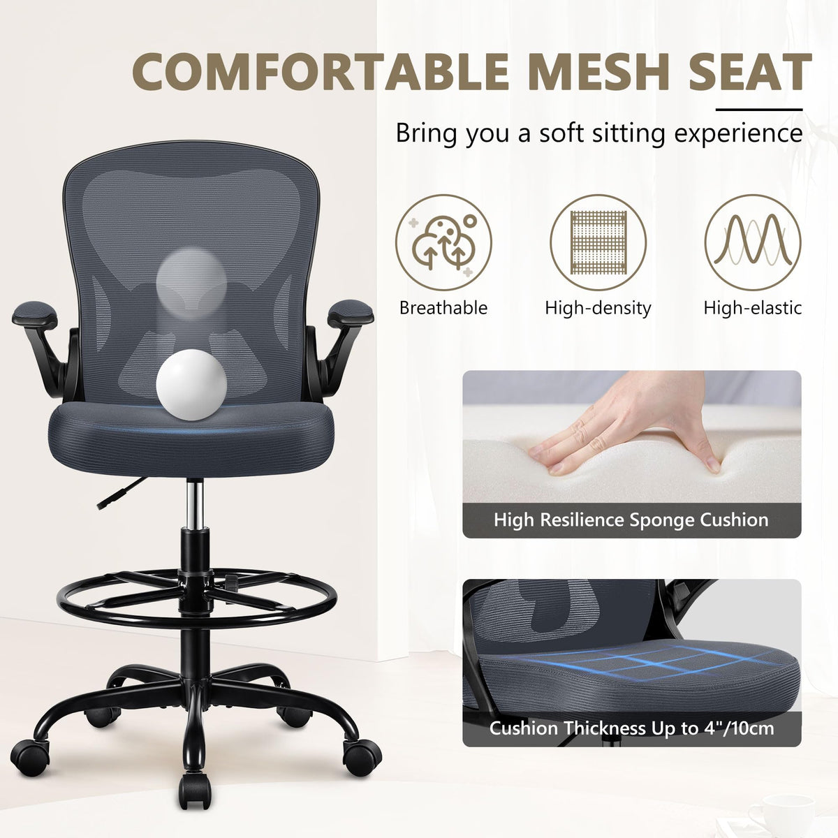 Winrise Drafting Chair, Tall Office Chair Ergonomic Standing Desk Chair, Lumbar Support Computer Chair Swivel Task Rolling Chair with Adjustable Flip-up Armrests & Foot Ring (Dark Gray)