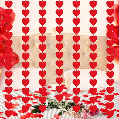Valentines Day Decorations, 96 PCS Red Felt Heart Garland Hanging, Pre-Assembled Romantic Heart String Garland for Home, Wedding, Anniversary & Party Decor