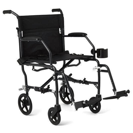 Medline Ultra Lightweight Transport Wheelchair for Adults, Foldable, 19-Inch Seat Width, Black Frame, Black Upholstery