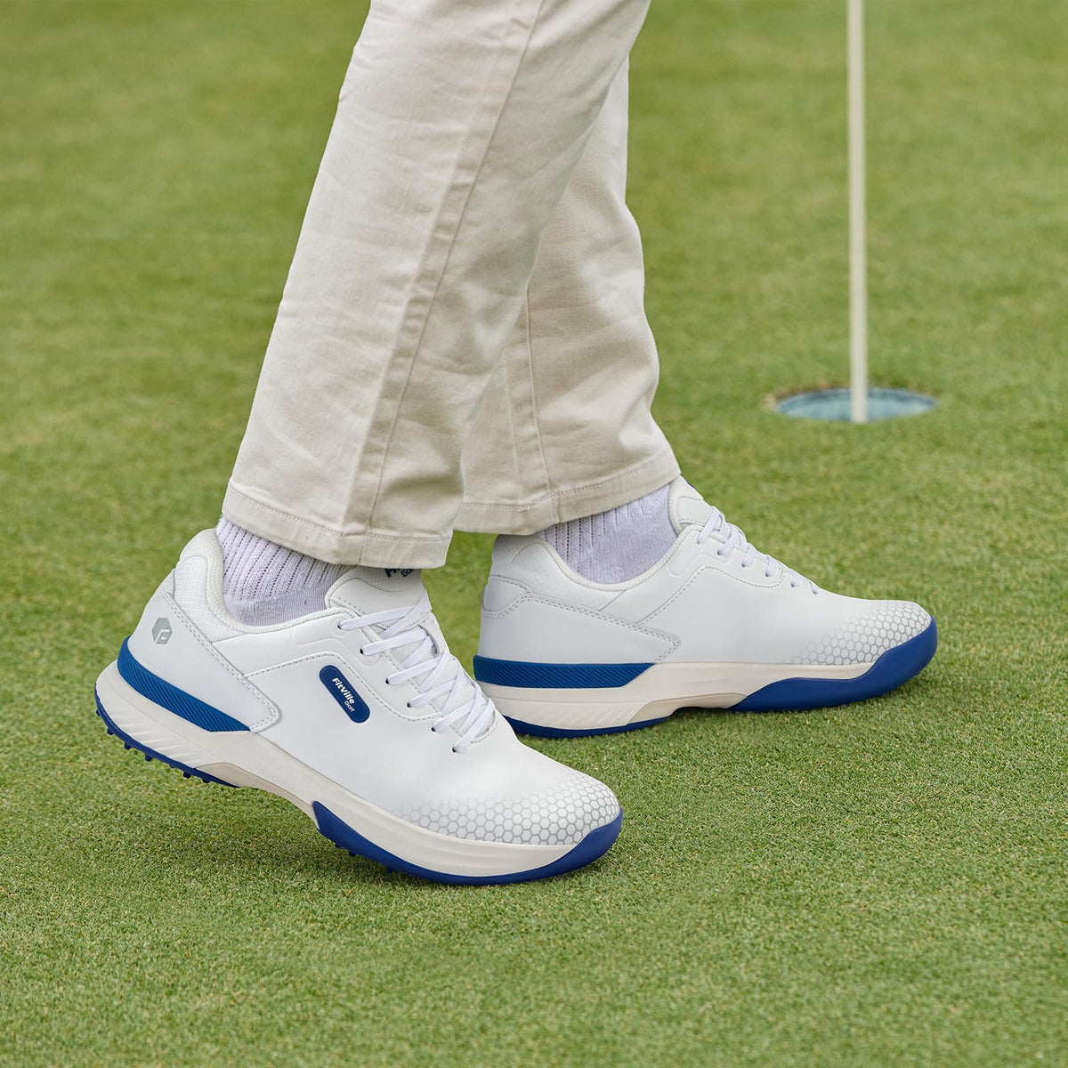 FitVille Wide Mens Golf Shoes Professional Outdoor Waterproof Spiked Golf Shoes for Men(White Blue, 10.5 Wide)