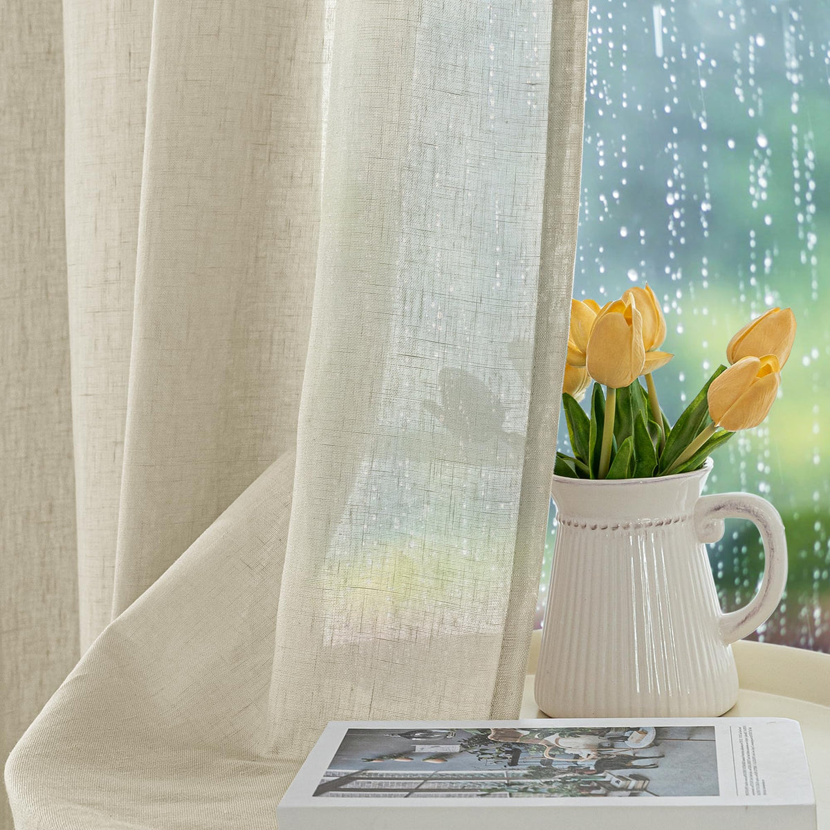 HolidayIdeas Sheer Outdoor Curtains-4 Panels Natural Linen Sheer Curtains Waterproof Privacy, Semi Voile Drapes for Porch, Pavilion, Garden, Lawn, Corridor, Sun Room Decor, W 54 x L 108 inch Long