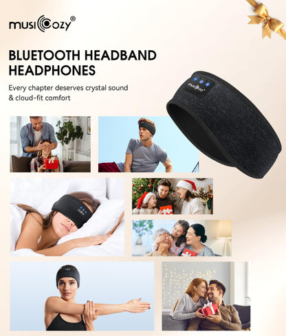 MUSICOZY Sleep Headphones Bluetooth 5.4 Headband, Wireless Earphones Music Sleep Earbuds Sleeping Eye Mask with HD Stereo Speakers for Workout Running Travel Yoga, Ideal Gifts for Men Women(Black)