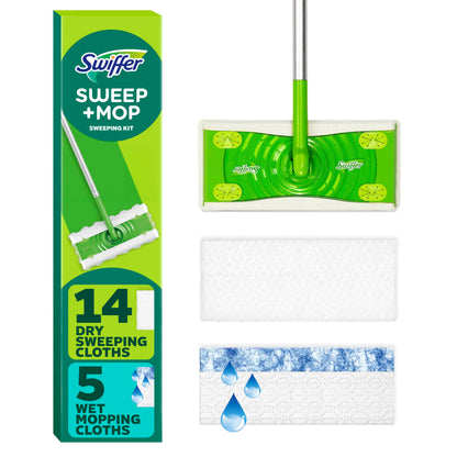 Swiffer Sweeper 2-in-1 Dry + Wet Floor Mopping and Sweeping Kit, Multi-Surface Kit for Floor Cleaning, Kit Includes 1 Sweeper, 14 Dry Sweeping Cloths, 5 Wet Mopping Cloths
