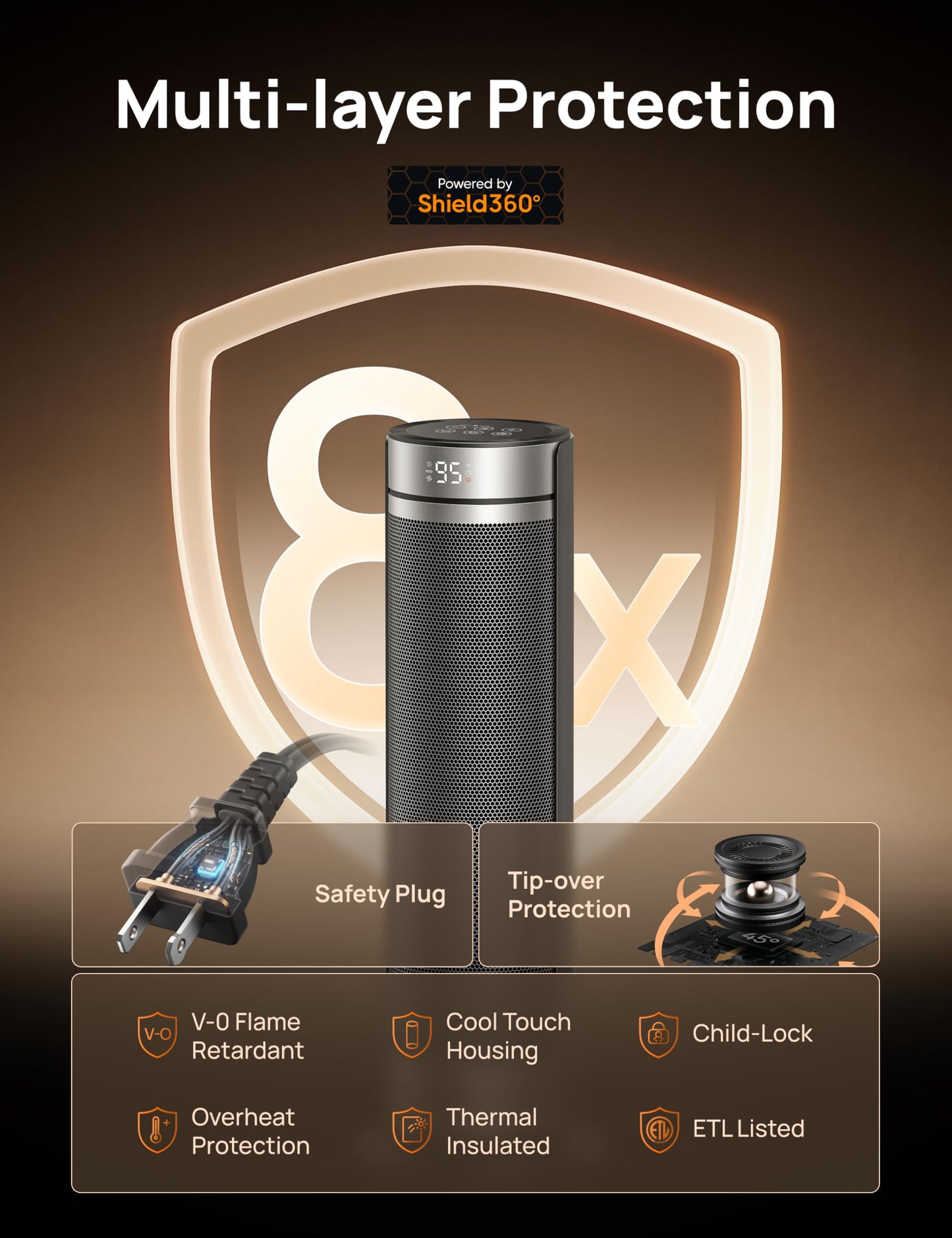 DREO Space Heater for Large Room, 23 Inch Electric Heaters for Indoor Use, 8 Safe Protection Tower, 70° Oscillation, PTC Ceramic with Thermostat and Remote, Quiet, 12H Timer, Bedroom, Office