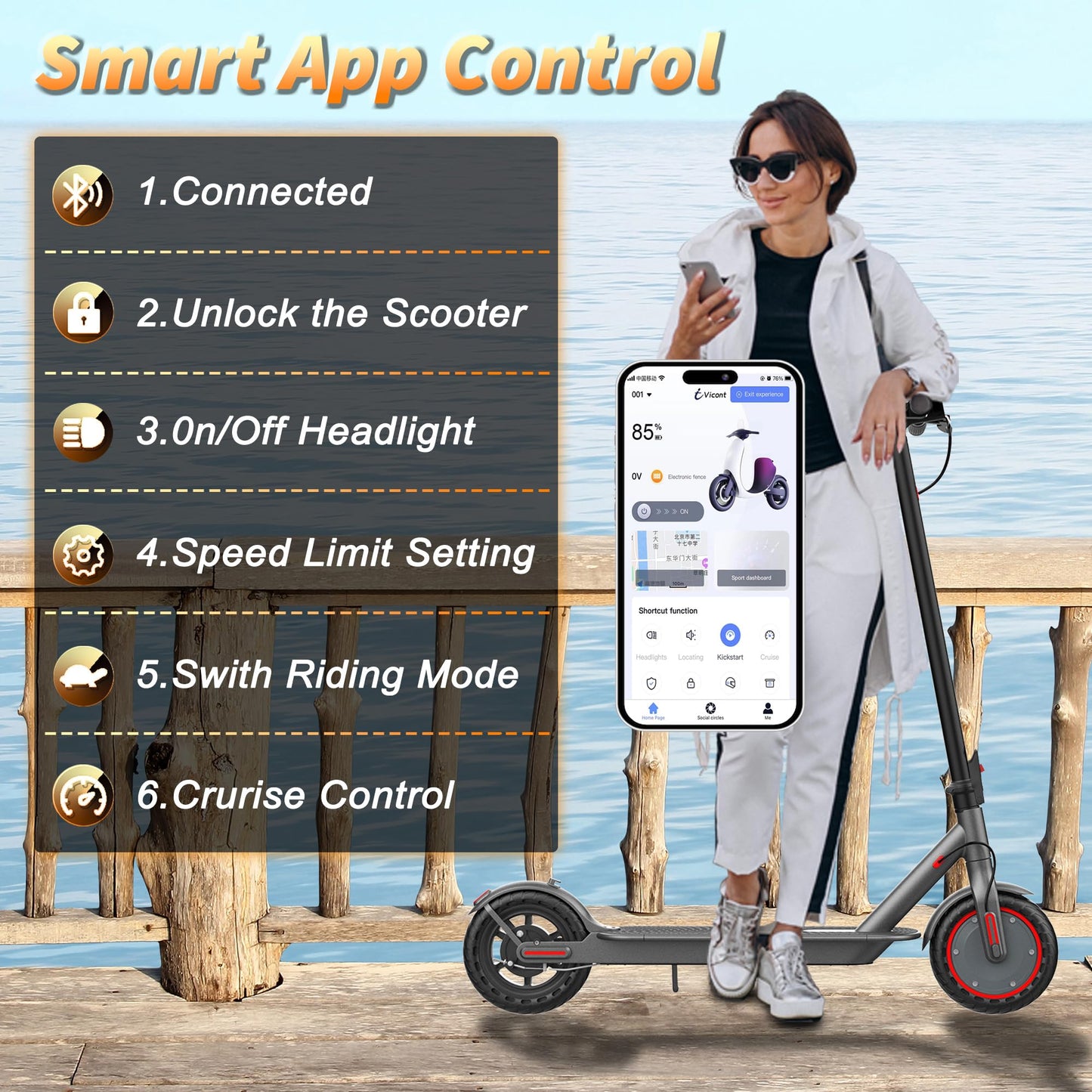 Electric Scooter Adults, Powerful 350W E-Scooter, Max 19 Mph & 15-19 Miles Range Scooters, Folding Scooters with 8.5" Solid Tires, Commuting Scooter Kick Scooter with APP Control (JS03-21Miles-350W)