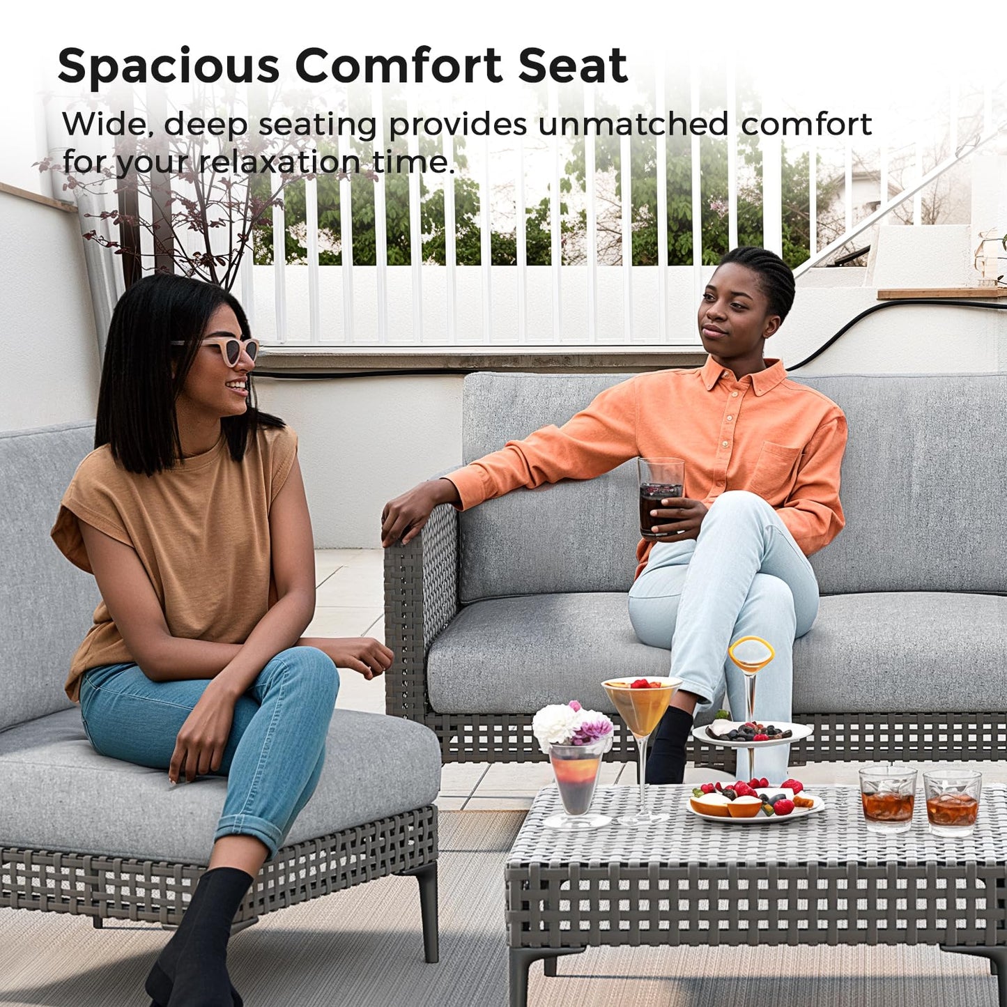 Jocoevol Outdoor Patio Sofa Conversation Set–Rattan 5 Seats Comfortable Couch for Garden, Yard, Weatherproof–Includes Glass Table, Armless Chairs, and Three-Seater Sofa