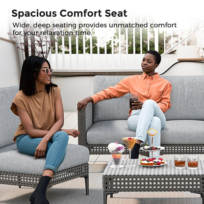 Jocoevol Outdoor Patio Sofa Conversation Set–Rattan 5 Seats Comfortable Couch for Garden, Yard, Weatherproof–Includes Glass Table, Armless Chairs, and Three-Seater Sofa