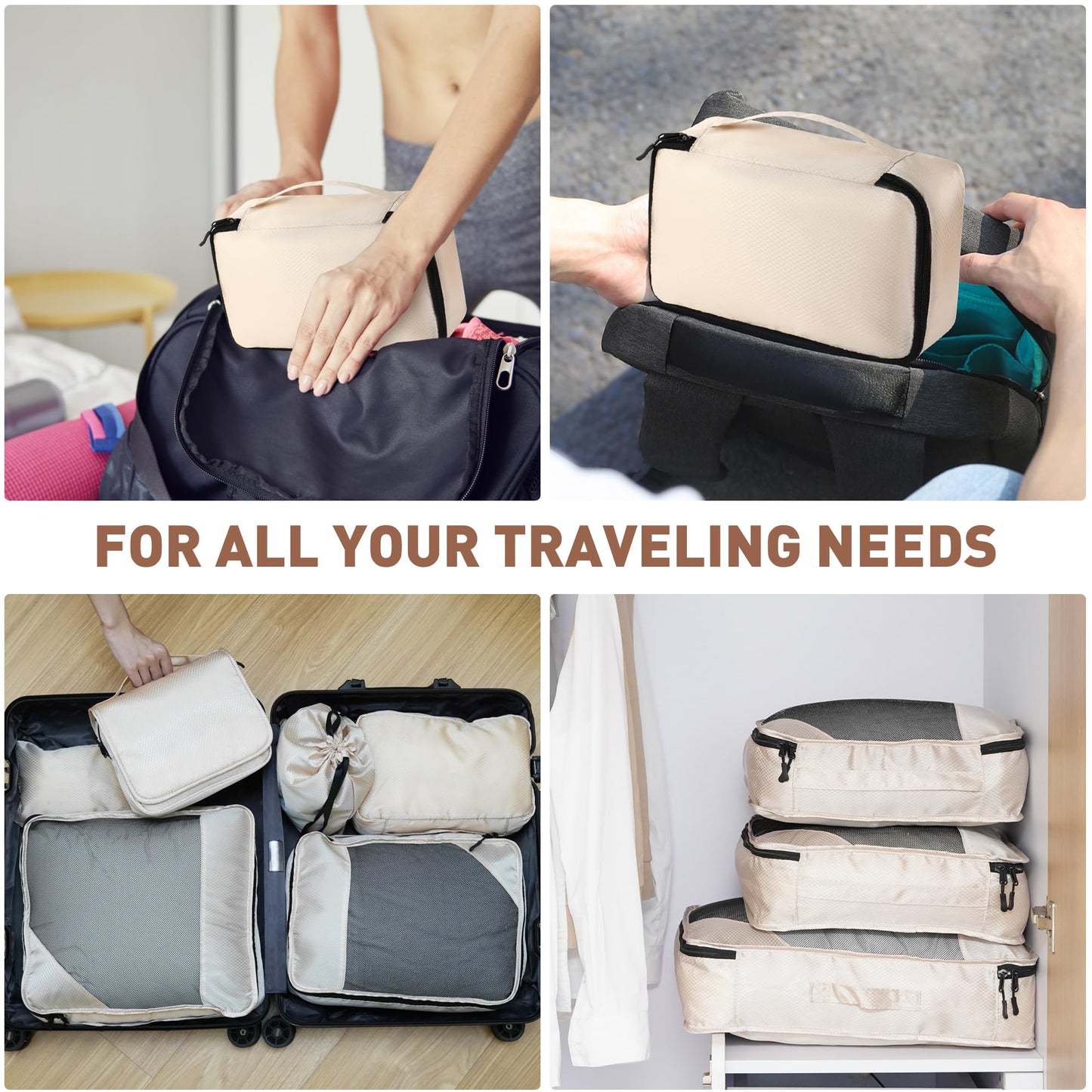 Toncoke 8-Piece Packing Cubes for Travel, Mesh Luggage Organizers with Shoe Bag, Toiletry Bag, Laundry Pouches, 4 Sizes (XL/L/M/S) for Suitcase Organization, Men Women Kids, Beige