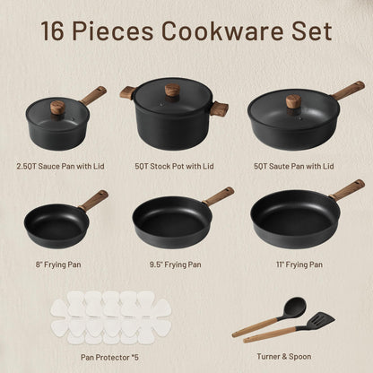 CAROTE Nonstick Pots and Pans, Induction Cookware Set Kitchen Cooking Sets, Non Stick w/Frying Pan (PFOS, PFOA Free), Black, 16pcs