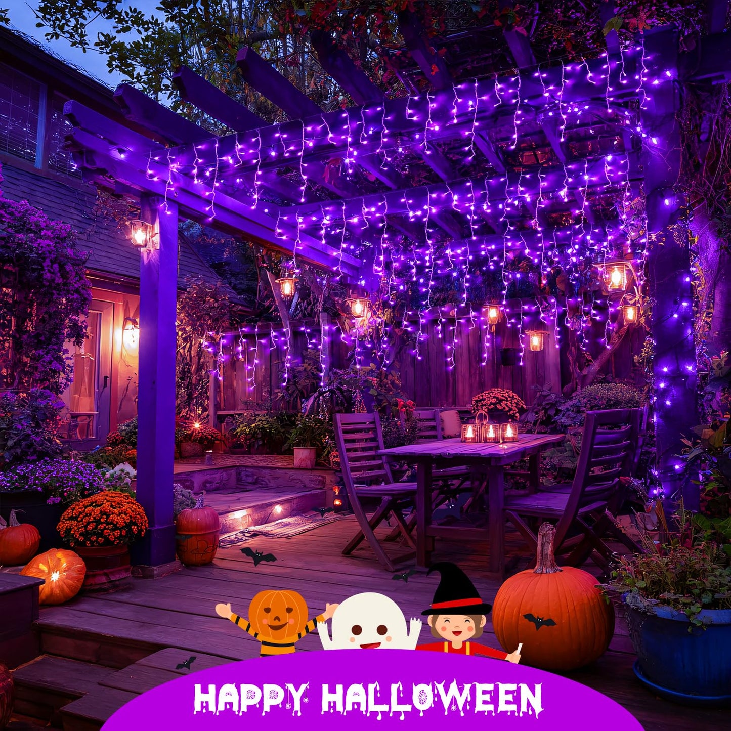 JMEXSUSS Purple Halloween Icicle Lights, 38.8 FT 400 LED Icicle Light Outdoor Waterproof, 8 Modes Purple Halloween Lights with 80 Drops Plug in for House Christmas Party Decorations