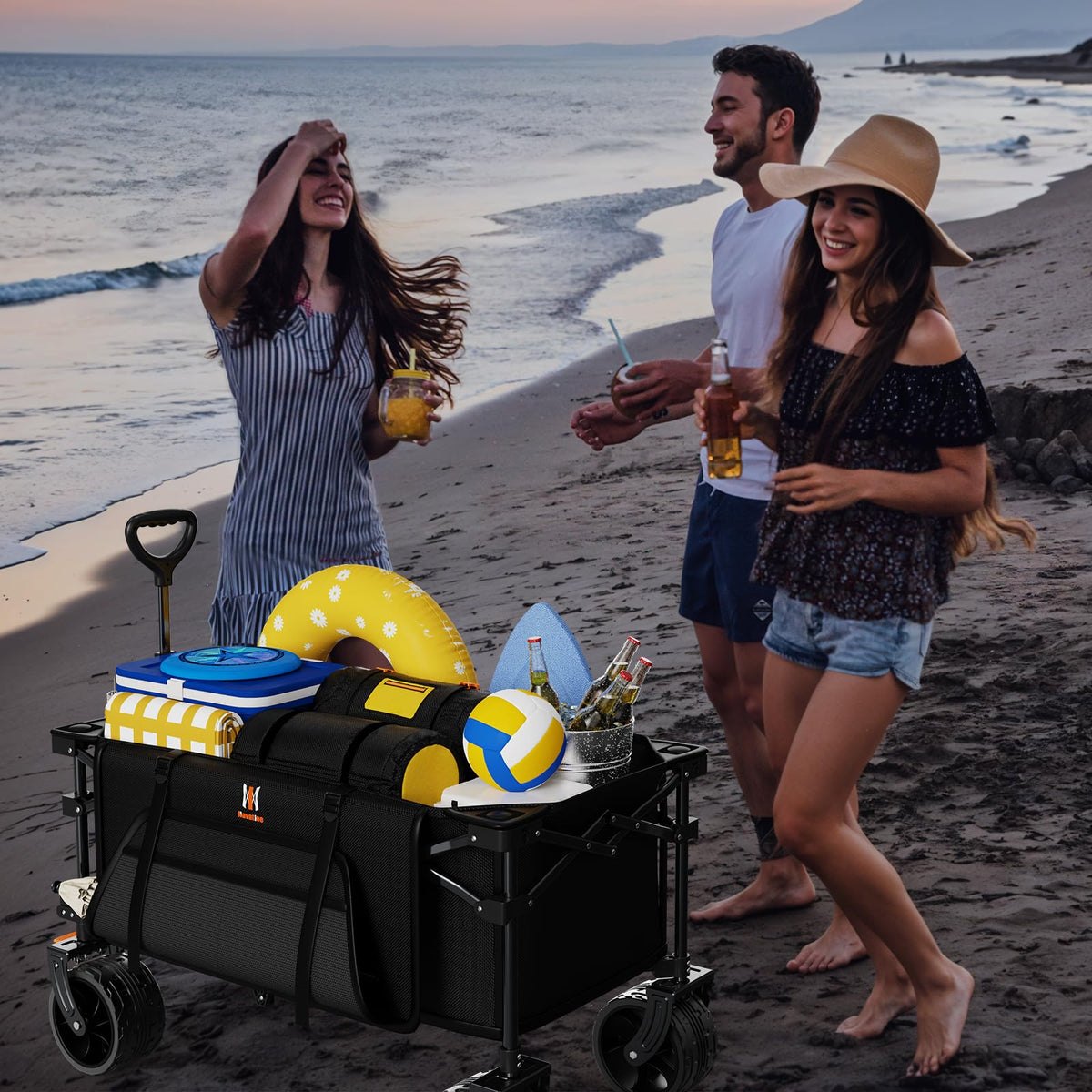Navatiee Big Wheels Collapsible Wagon Cart Foldable, Heavy Duty Beach Wagon with Silent All-Terrain Wheels, Folding Utility Grocery Cart with Side Pocket and Brakes for Camping Garden Sports, Black