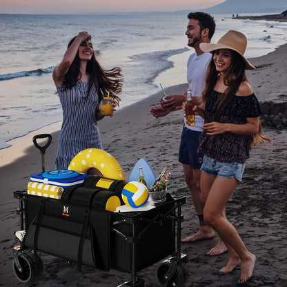 Navatiee Big Wheels Collapsible Wagon Cart Foldable, Heavy Duty Beach Wagon with Silent All-Terrain Wheels, Folding Utility Grocery Cart with Side Pocket and Brakes for Camping Garden Sports, Black
