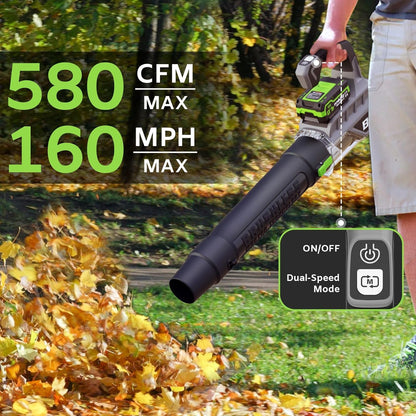 Leaf Blower with Brushless Motor, 580CFM/160MPH Leaf Blower Cordless, Electric Lightweight Blower with 2X4.0Ah Batteries and Charger, 2 Speed Modes, for Lawn Care, Patio Cleaning, etc.