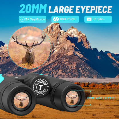 Tinllaans 15x55 HD Binoculars for Adults, High Powered, Large View, BAK4 Prism, Waterproof, Lightweight for Bird Watching, Hiking, Travel, Cruise Trip with Phone Adapter (Blue)
