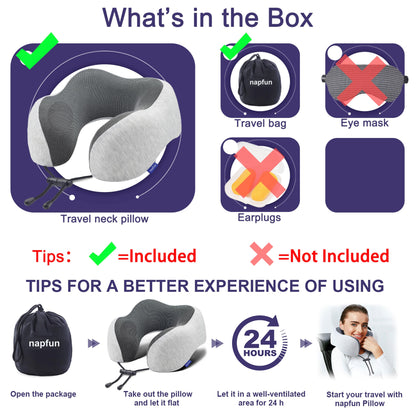 napfun Neck Pillow for Traveling, Upgraded Travel Neck Pillow for Airplane 100% Pure Memory Foam Travel Pillow for Flight Headrest Sleep, Portable Plane Accessories, Light Grey