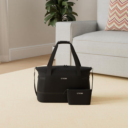 ETRONIK Gym Bag for Women, 47L Carry On Travel Duffel Bag with Shoes Compartment, Weekender Overnight Bag with Wet Pocket & USB Charging Port for Women, Travel, Gym, Weekend, Large Size (Black)