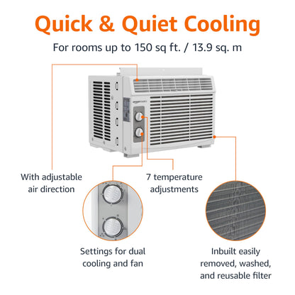 Amazon Basics 5000-BTU Small Window Air Conditioner, Up to 150 Sqf, Window AC Units with Cool and Fan Functions, Washable Filter, Adjustable Window Kit, Intuitive Mechanical Controls, White