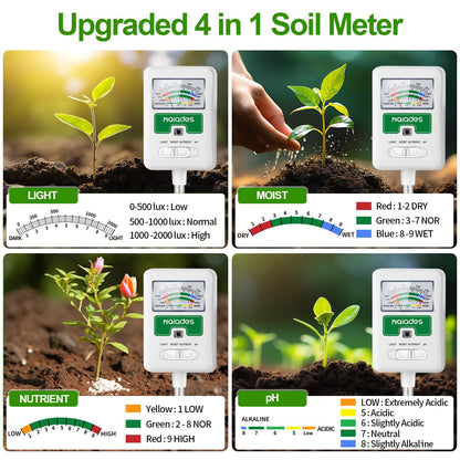 Soil Moisture Meter for Plants, 4-in-1 Soil pH Tester, Soil Tester for Moisture, Light, Nutrients, pH, Soil Ph Test Kit Water Meter for Indoor Plants & Outdoor Garden, Lawn, Farm (No Battery Required)