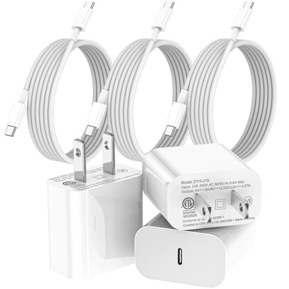 uoyssimi iPhone 16 15 Charger Fast Charging 3 Pack 20W USB C Charger with 6ft Braided Type C Cable for iPhone 16/16 Pro/16Pro Max/15, iPad Pro, MacBook Air