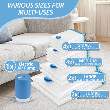 Cozy Essential Travel Vacuum Storage Bags with Portable Electric Pump, Vacuum Seal Space Saver Bags for Clothing and Luggage, 12 Pack