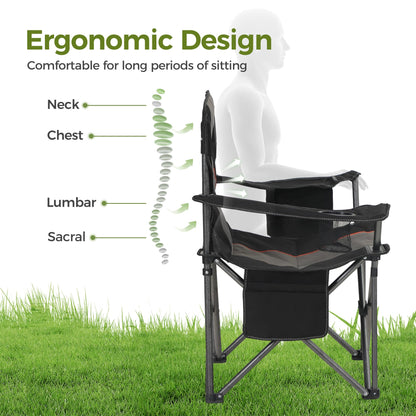 ALPHA CAMP 2PC Oversized Camping Folding Chair, Heavy Duty Support 450 LBS Steel Frame Collapsible Padded Arm Chair with Cup Holder Quad Lumbar Back, Portable for Outdoor,Black