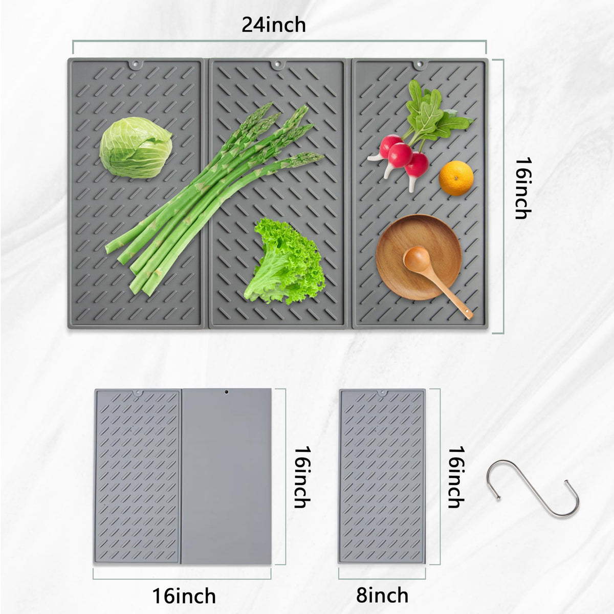 Silicone Dish Drying Mat,Collapsible Tri Fold Drainer Mat,Drying Pad With Hook-BPA Free,Durable Heat,24x16In Drying Mat for Kitchen Counter Easy to Clean(Grey)