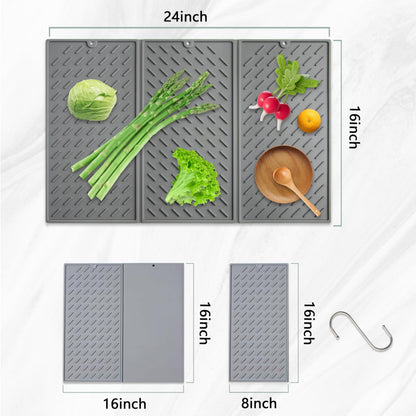 Silicone Dish Drying Mat,Collapsible Tri Fold Drainer Mat,Drying Pad With Hook-BPA Free,Durable Heat,24x16In Drying Mat for Kitchen Counter Easy to Clean(Grey)
