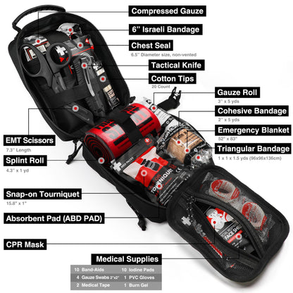 Survival First Aid Kit with Israeli Bandage, Chest Seal, Tourniquet, Splint, Tactical Military Combat Molle IFAK for Wound Care, Bleeding Control, Trauma Hemorrhage and More (Black)