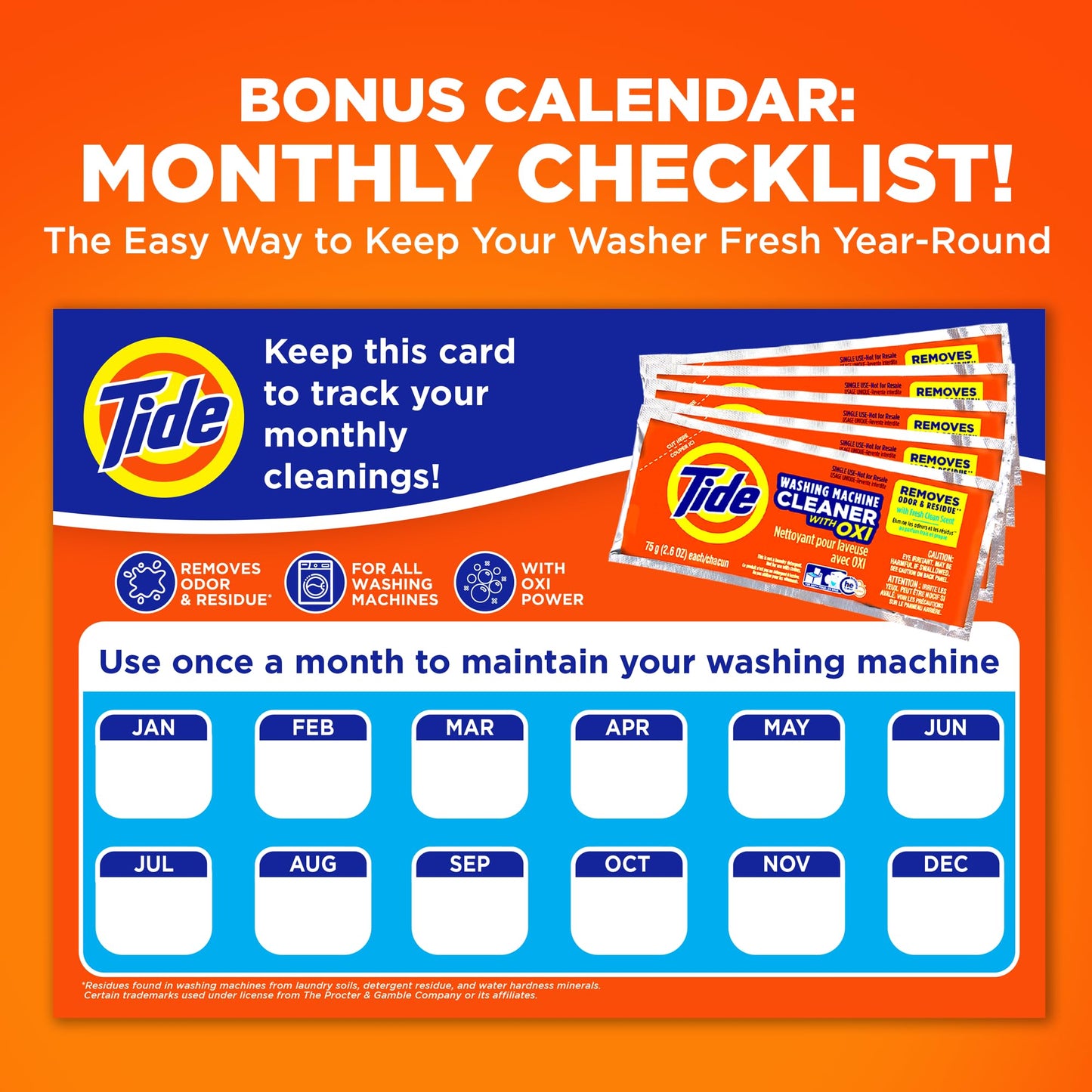 Tide Washing Machine Cleaner 52 Week Supply with Oxi for Front and Top Loader Washer Machines, Deep Cleaning Residue & Odor Eliminator, 12 Month Supply (Packaging May Vary)