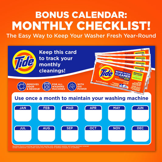 Tide Washing Machine Cleaner 52 Week Supply with Oxi for Front and Top Loader Washer Machines, Deep Cleaning Residue & Odor Eliminator, 12 Month Supply (Packaging May Vary)
