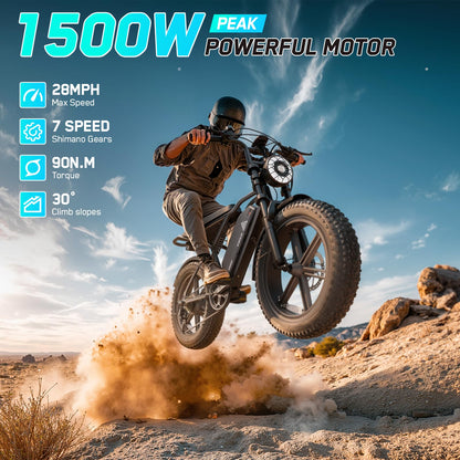 TST Electric Bike for Adults, 1500W Peak Motor 28 MPH 60 Miles Fat Tire E Bike with 48V 15Ah Removable Battery 20" Electric Dirt Bike Hydraulic Suspension and 7-Speed