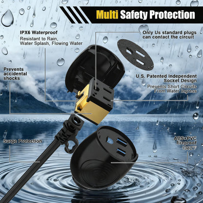 Blackcow Outdoor Power Extension Cord,25 Ft,IPX6 Waterproof, Cold Weather & Fireproof, Heavy Duty 3 Prong Cable,18AWG 125V 10A,FCC/ETL Certified for Outdoor/Indoor Use