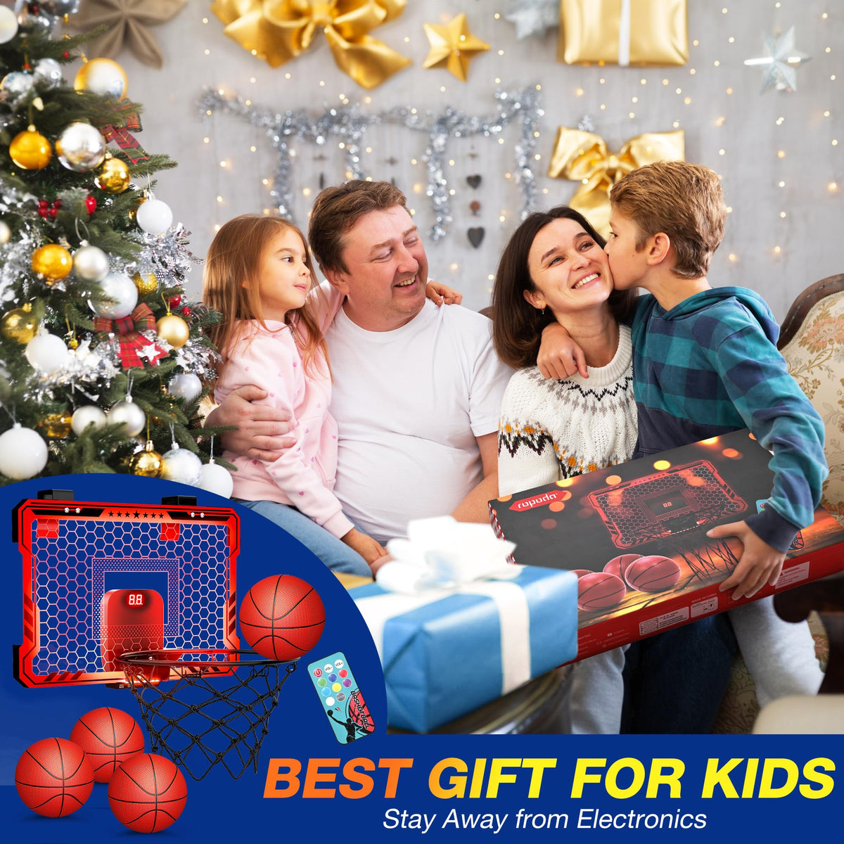 ropoda Indoor Basketball Hoop, Mini Hoop with 7 LED Lights, 3 Modes Scoreboard, Mini Hoop with 4 Balls Over The Door, Basketball Hoop Indoor, Toys Gifts for Kids Adults