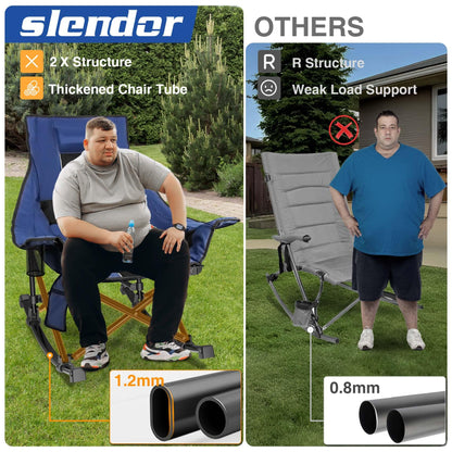 Slendor Oversized Rocking Camping Chair, XL Heated Camping Chair w/ 3 Levels Heat for Back+Seat, Padded Rocking Lawn Chair with 20000 mAh Power Bank, Pillow, Side Pocket, Carry Bag, Navy Blue