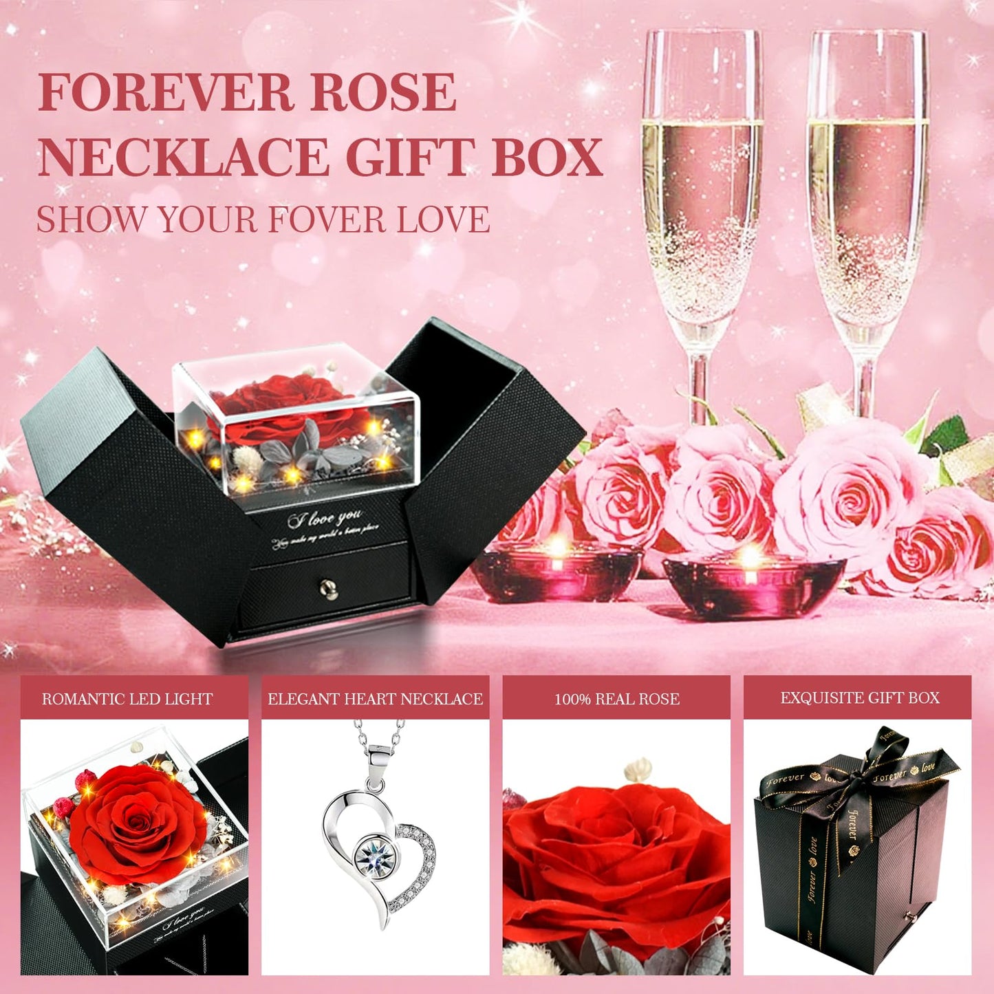 cdco Preserved Real Roses with Heart Necklace I Love You in 100 Languages, Romantic Anniversary Christmas Gifts for Wife Girlfriend, Forever Roses Necklace Gifts