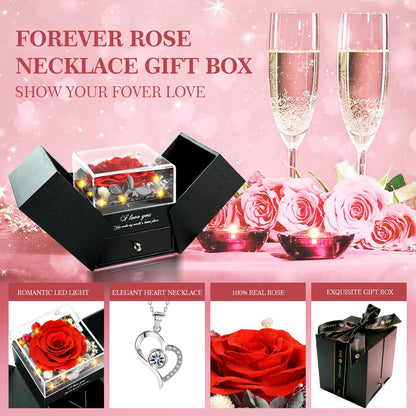 cdco Preserved Real Roses with Heart Necklace I Love You in 100 Languages, Romantic Anniversary Christmas Gifts for Wife Girlfriend, Forever Roses Necklace Gifts