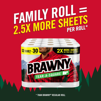 Brawny Tear-A-Square Paper Towels, 12 Family Rolls = 30 Regular Rolls, 2X More Durable*, 3 Sheet Sizes, Strong and absorbent extra-large roll