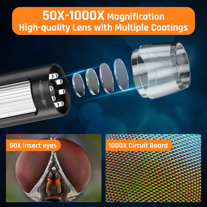 1000x Microscope-Handheld Digital Microscope for Children with 2" LCD Screen,Pocket Microscope for Kids with 8 Adjustable LED Lights,Coins Electronic Magnifier Camera,USB to PC,Including 32GB SD Card