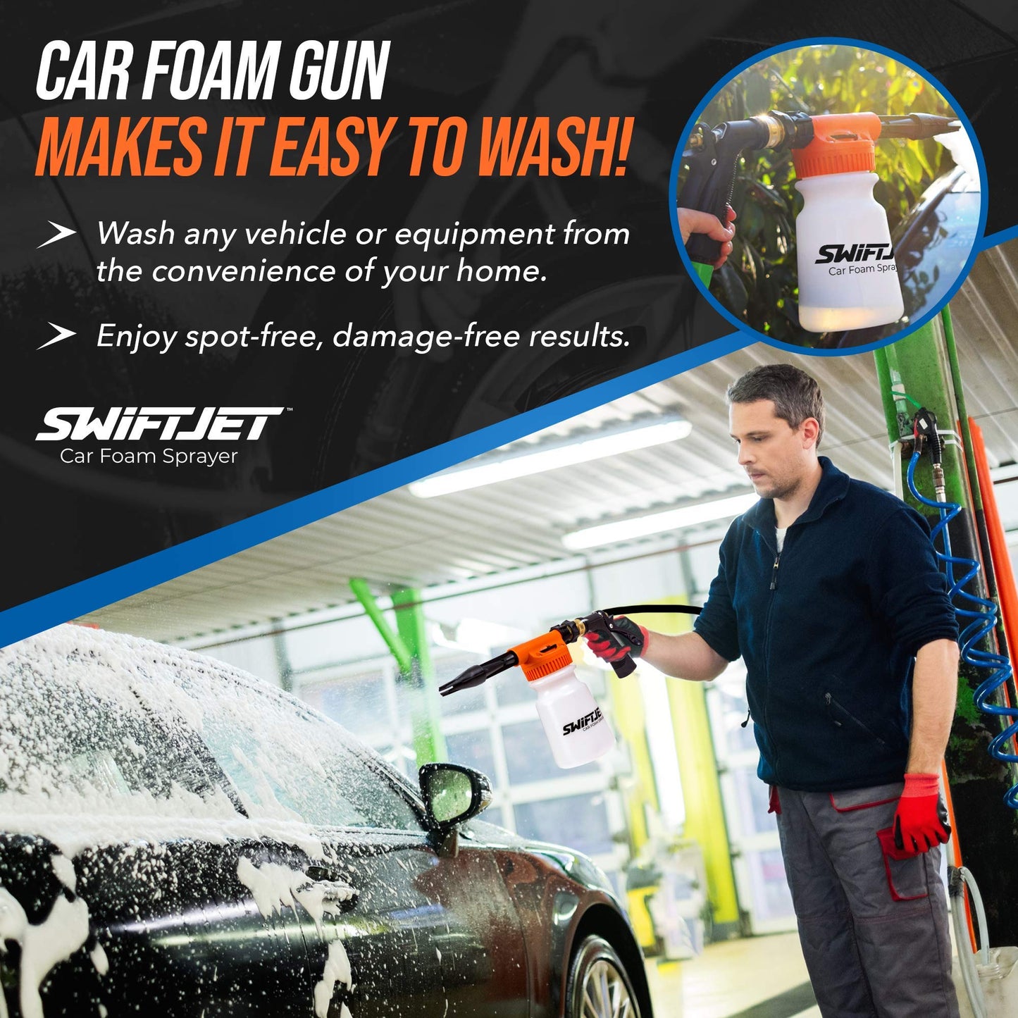 SwiftJet Car Wash Foam Gun + Microfiber Wash Mitt - Foam Cannon Works with Any Soap - Garden Hose Car Foam Sprayer - Car Wash Kit - Car Accessories Foam Blaster (Orange Foam Gun with Mitt)