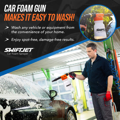 SwiftJet Car Wash Foam Gun + Microfiber Wash Mitt - Foam Cannon Works with Any Soap - Garden Hose Car Foam Sprayer - Car Wash Kit - Car Accessories Foam Blaster (Orange Foam Gun with Mitt)