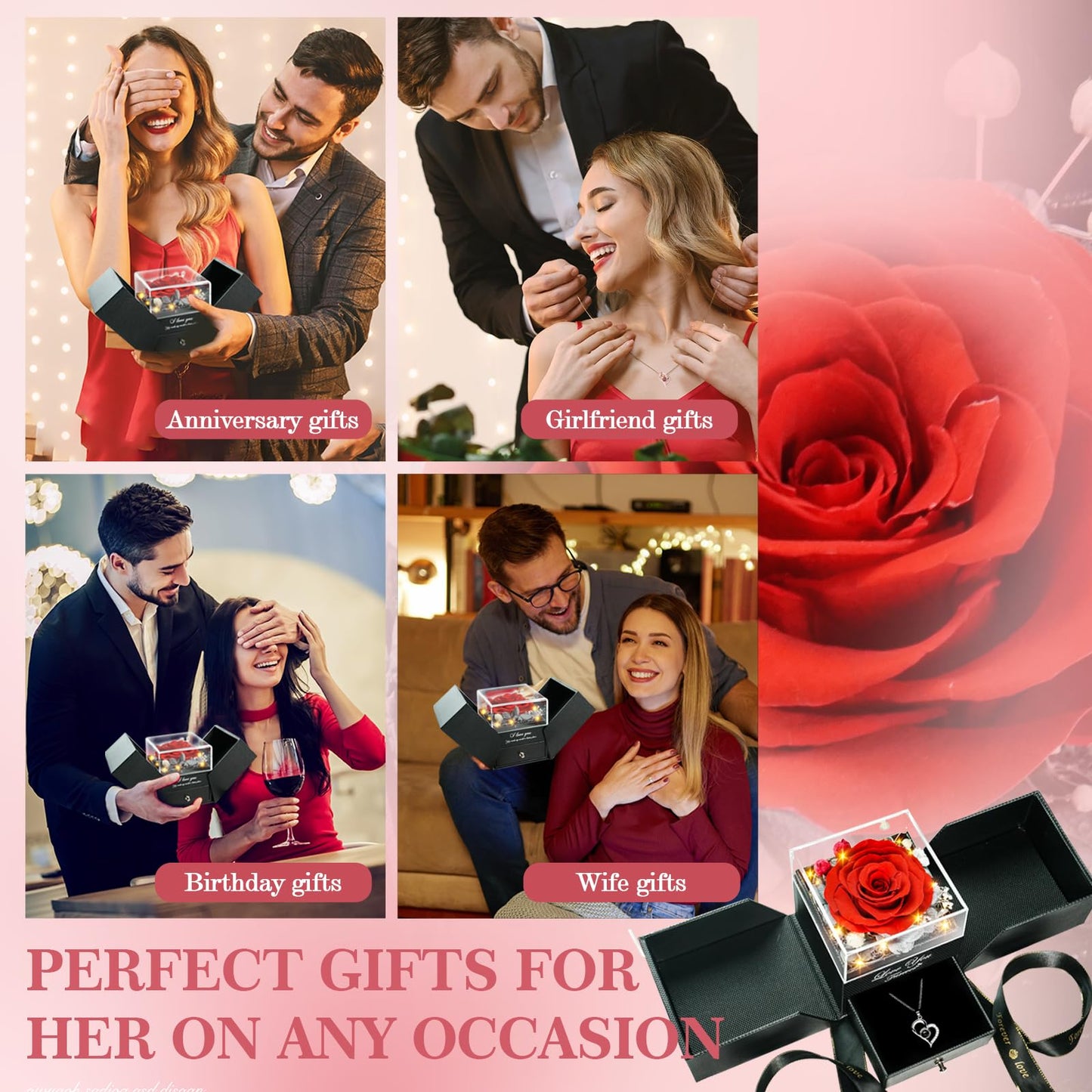 cdco Preserved Real Roses with Heart Necklace I Love You in 100 Languages, Romantic Anniversary Christmas Gifts for Wife Girlfriend, Forever Roses Necklace Gifts