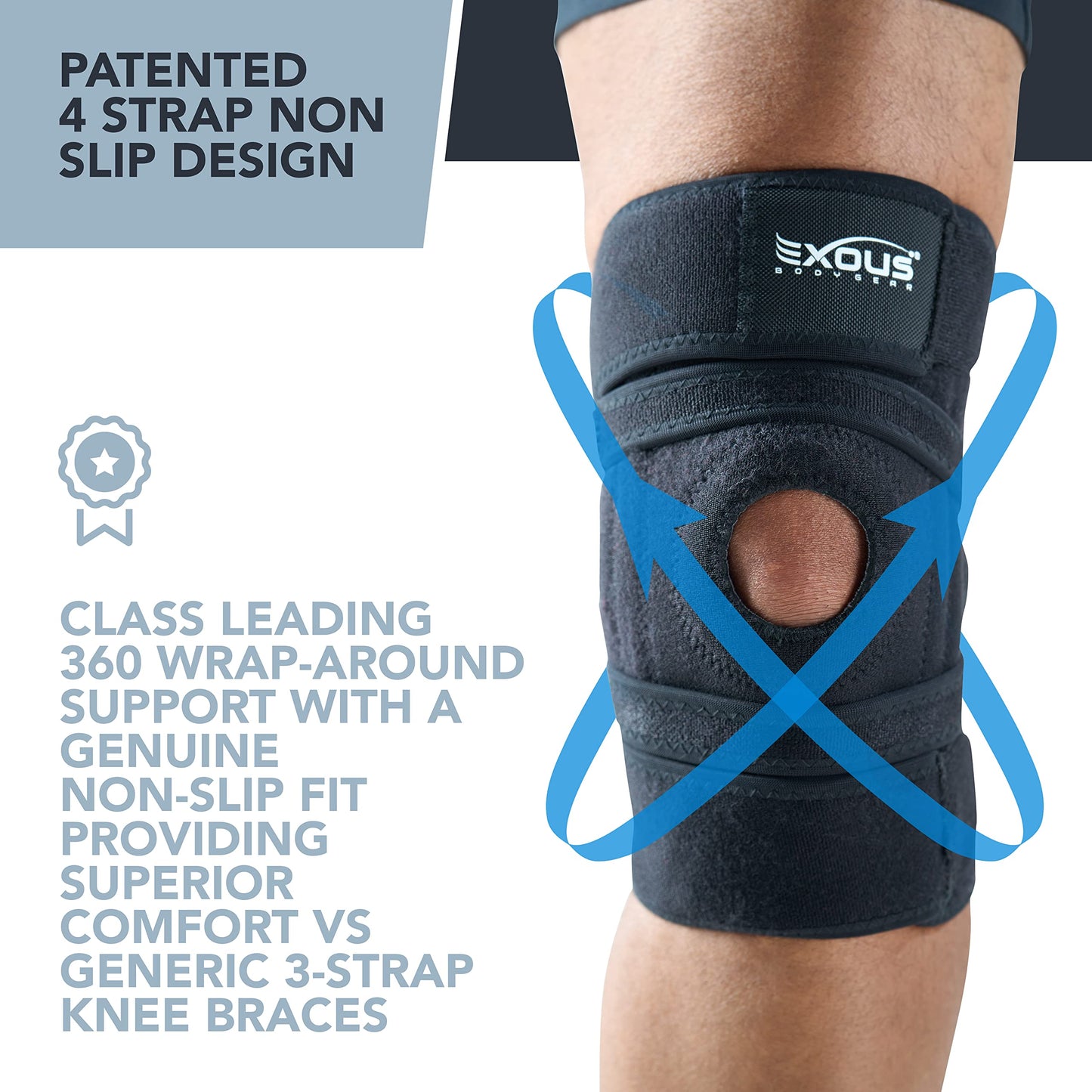 EXOUS BODYGEAR Knee Brace Meniscus Tear Support For Arthritis Acl, Mcl Pain Patented 4-way Adjustable Wraparound Strap Dual Side Stabilizer For Patella Stability Size [medium]