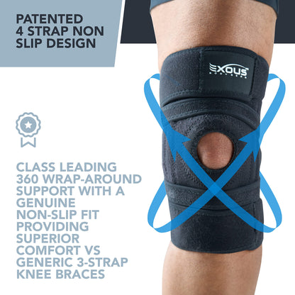 EXOUS BODYGEAR Knee Brace Meniscus Tear Support For Arthritis Acl, Mcl Pain Patented 4-way Adjustable Wraparound Strap Dual Side Stabilizer For Patella Stability Size [medium]