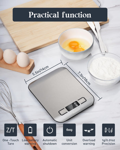 Tcsxady Food Scale, 11lb Digital Kitchen Scale with 6 Units LCD Display and Tare Function,Compact Design for Baking,Healthy Cooking,Meal Prep, 304 Stainless Steel