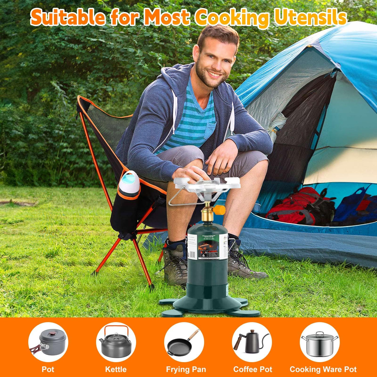 Camping Stove Propane, Portable Backpacking Cooker with Single Burner, Adjustable Flame, Foldable Base, Camp Stove Kit for Outdoor Cooking, Hiking, Emergency Essential (Fuel not Included)